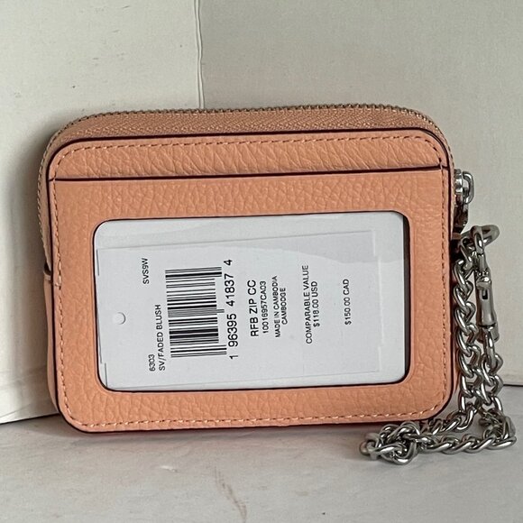 Coach Zip Card Case ID Mini Wallet 6303 Pebbled Leather Chain Strap Blush Silver - Picture 2 of 6